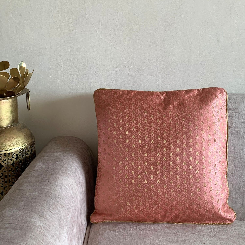 Pink Banarasi Silk Cushion Cover | Embellished With Zari | 16" x 16"