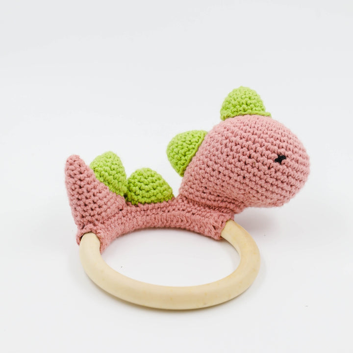 Cute Dino Teether for Babies | Hand Made of Crochet | Kids Safe | Pink & Green