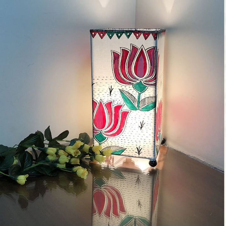 Madhubani Lotus Hand-Painted Rectangular Table Lamp | 12 X 6 Inch