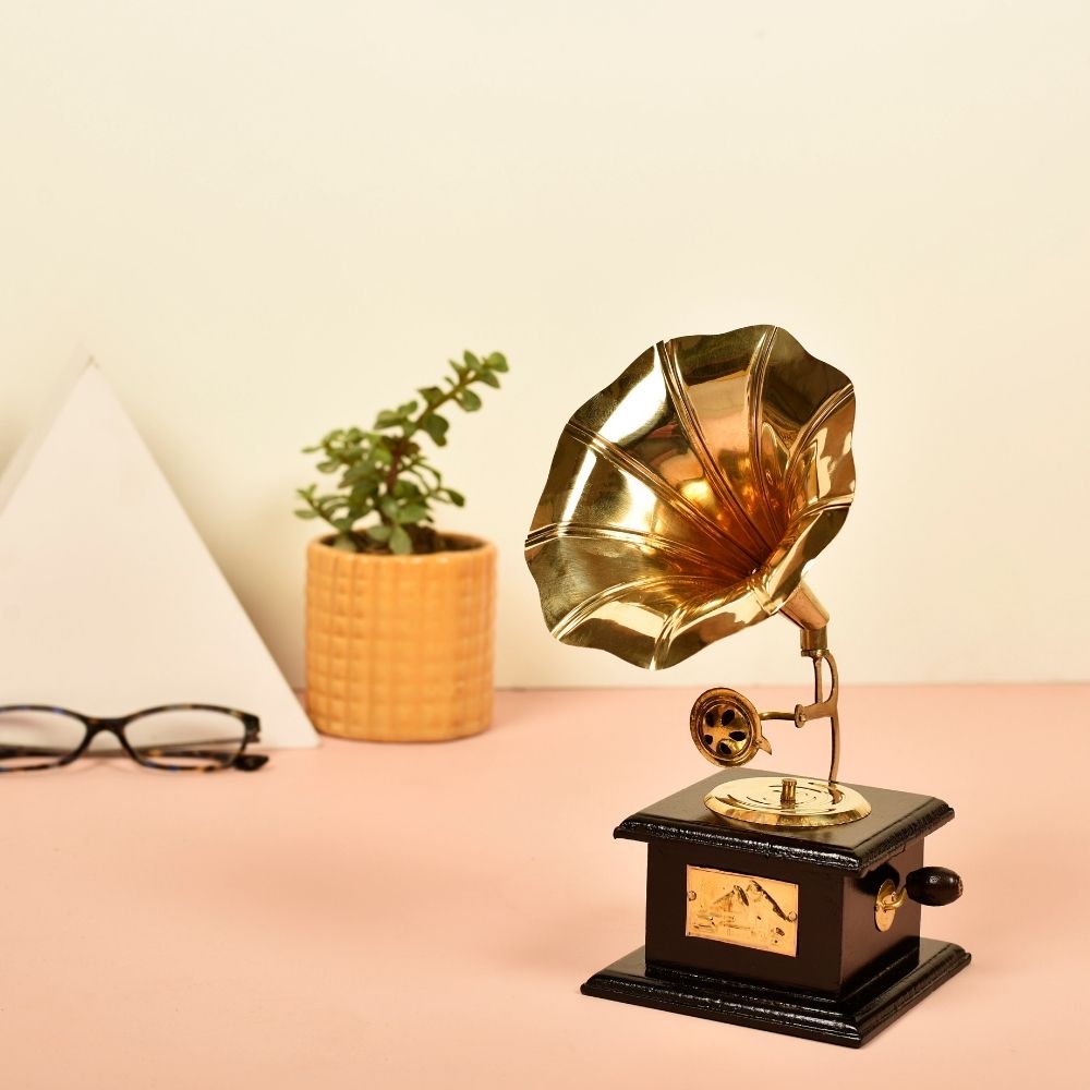 Gold-Toned Antique Gramophone | Antique Table Accents | Hand-Crafted | Gold and Black | 11 Inch