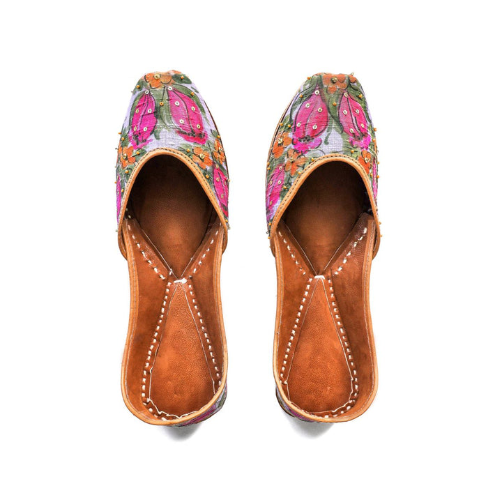 Tulip Garden Raw Silk Women Juttis | Hand Painted & Embroidered | Festive Apt