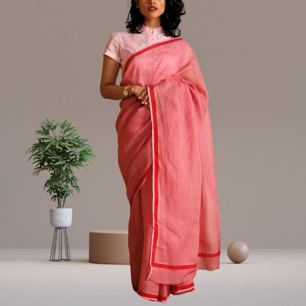 Salmon Kota Saree | Kota Silk | Hand Block Printed | Silk | Salmon Pink