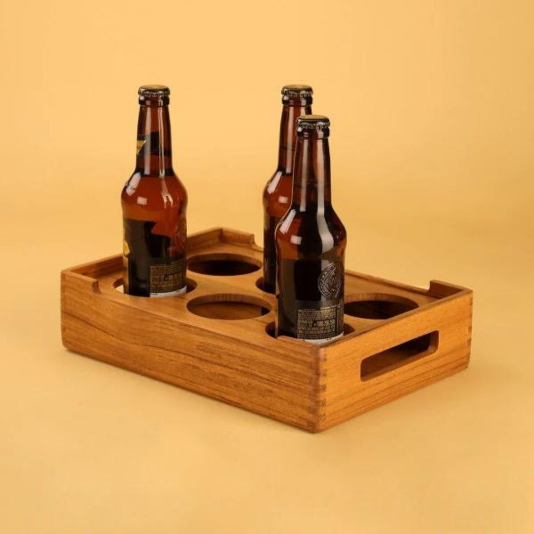 Cresta Beer Serving Caddy | Premium Teak Wood | Hand-Crafted | 15 Inch