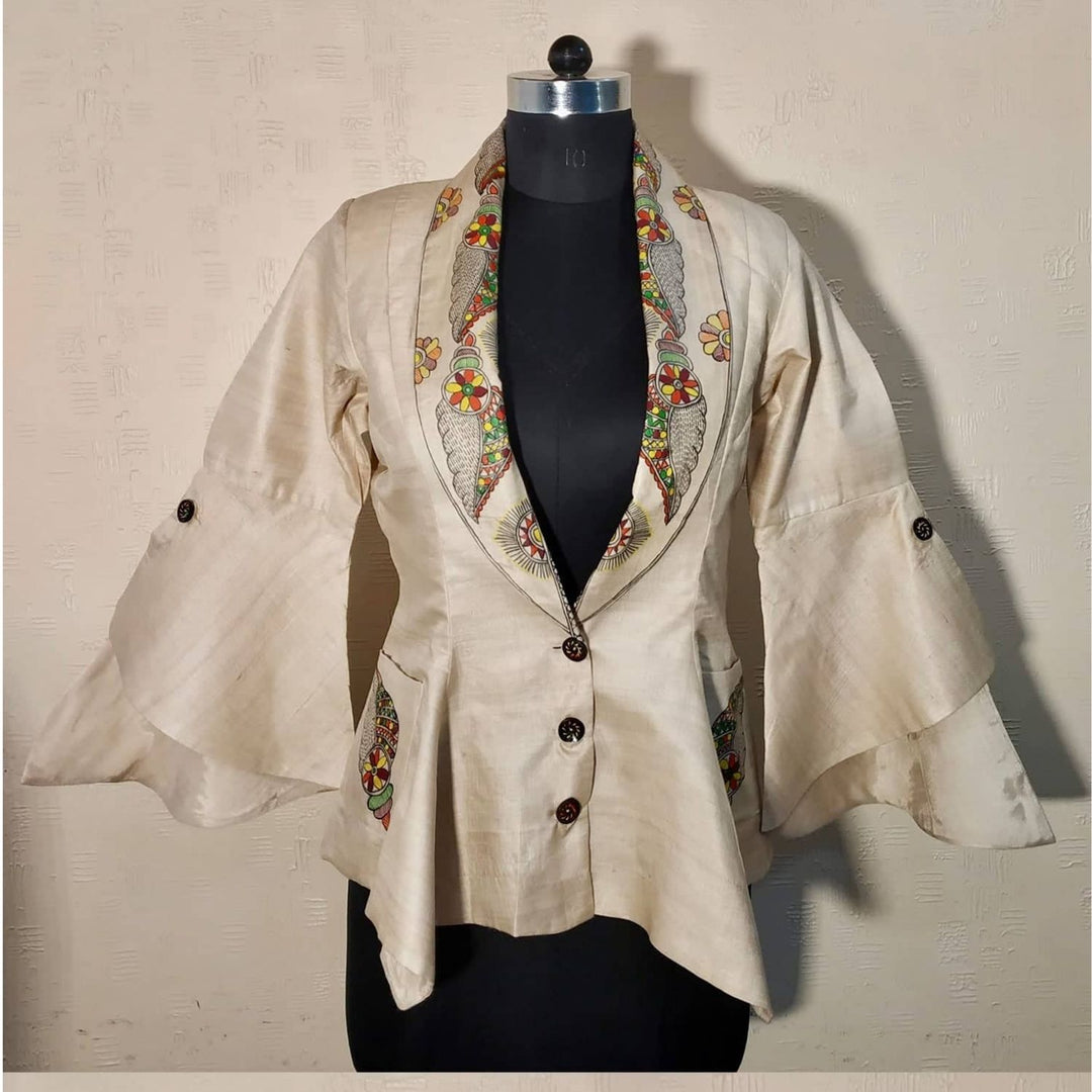 Belizzi Desi Tussar Silk Jacket | Madhubani Hand-Painted | Conch On Beige