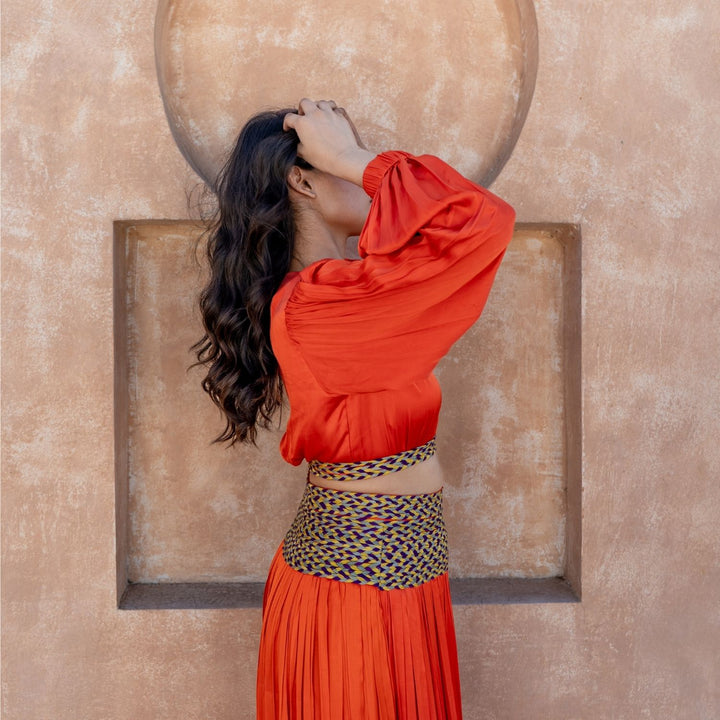 Orange Skirt Set Color-Blocked Braids | Modal | Contemporary Style