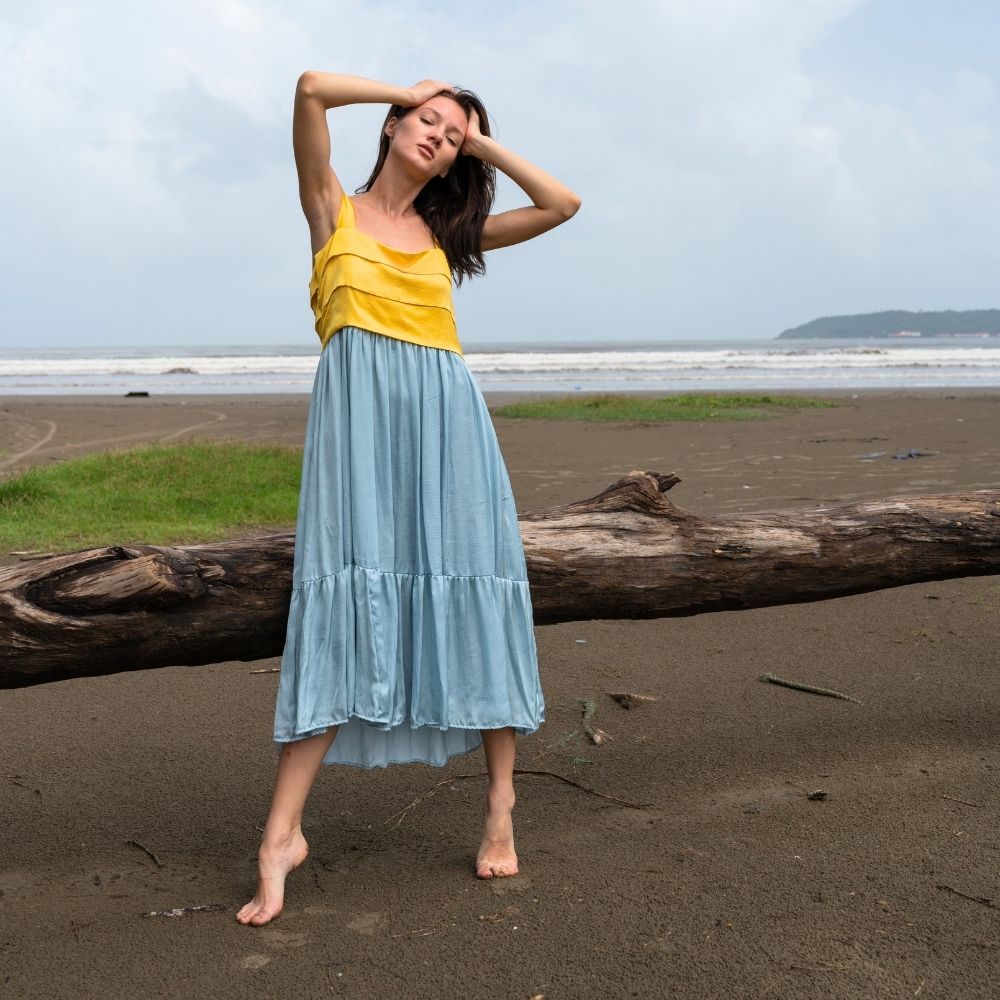 Yellow-Ice Blue Colour Block Midi Dress | Tailored from Bemberg Modal