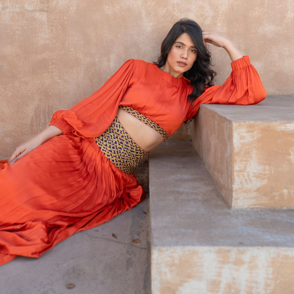 Orange Skirt Set with Color-Blocked Braids | Modal | Contemporary Style