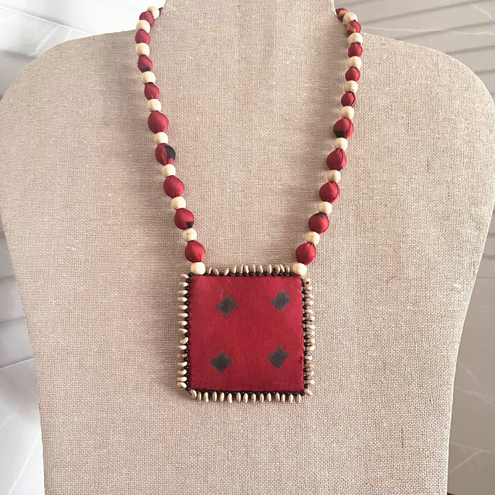 Ethnic Ajrakh Pendant Necklace For Women | Hand Crafted | Madder Red