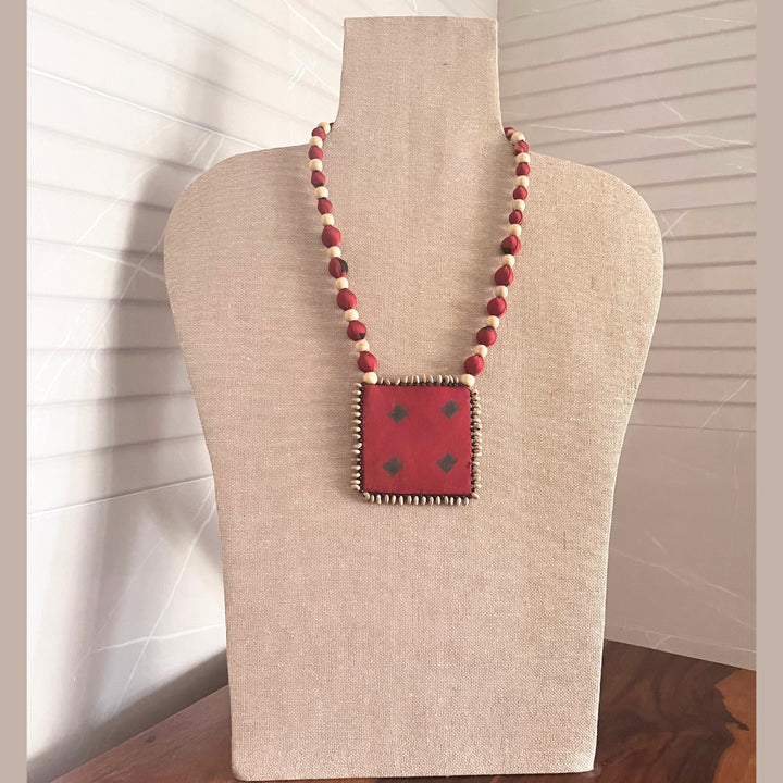 Ethnic Ajrakh Pendant Necklace For Women | Hand Crafted | Madder Red