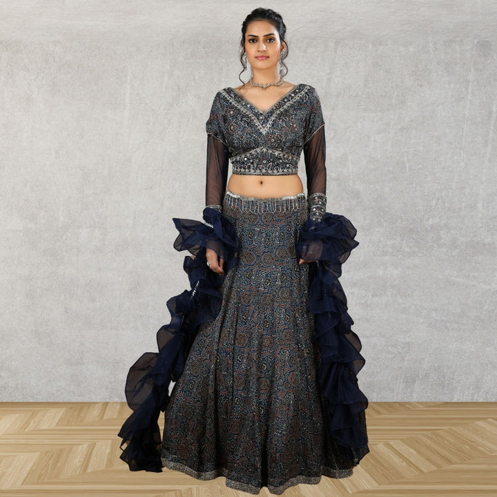 Deetya Ajrakh Lehenga Set With Ruffled Dupatta | Embroidered | Indigo Blue | Weddings