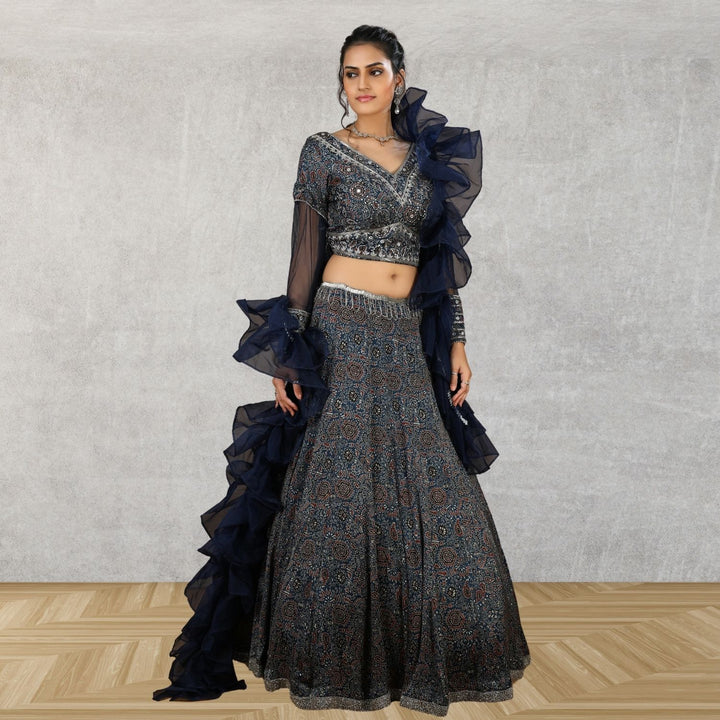 Deetya Ajrakh Lehenga Set With Ruffled Dupatta | Embroidered | Indigo Blue | Weddings