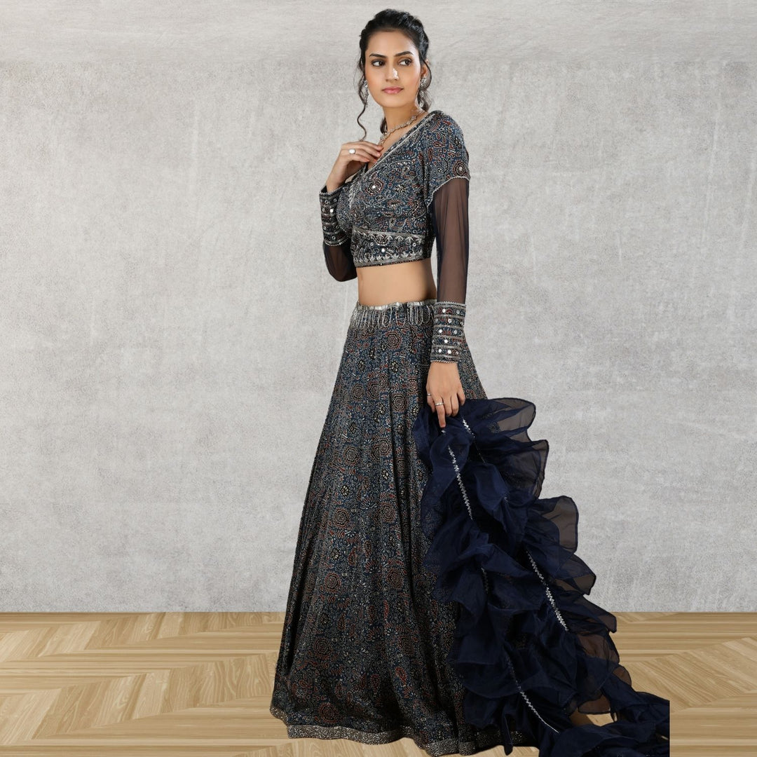 Deetya Ajrakh Lehenga Set With Ruffled Dupatta | Embroidered | Indigo Blue | Weddings