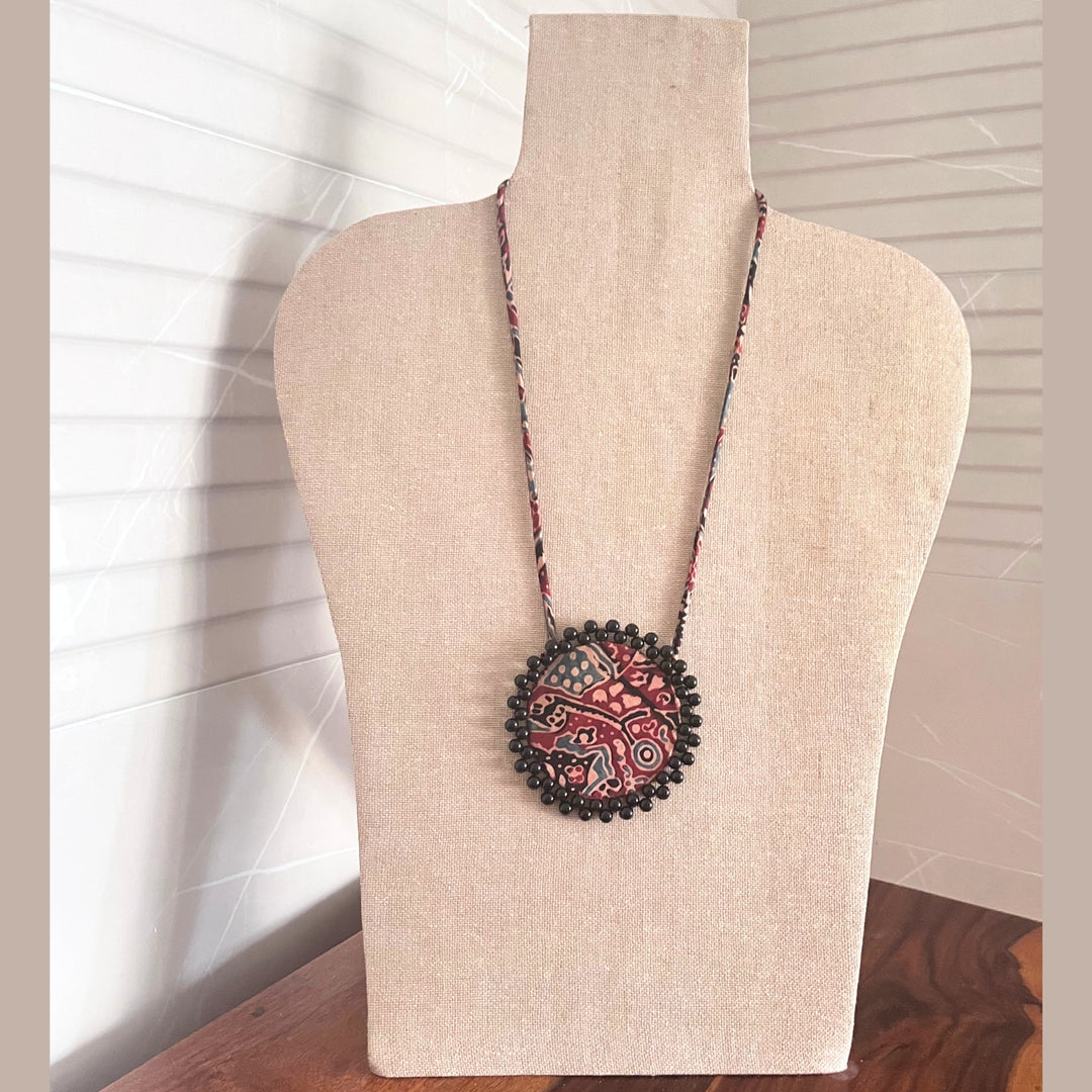 Ajrakh Circular Necklace | Embellished With Black Moti | Artistic | Maroon & Black