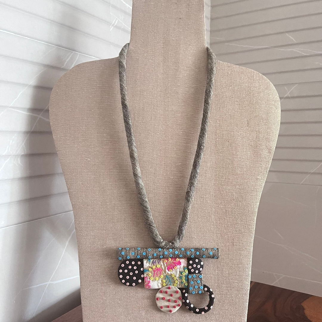 Pendant Artistic Necklace For Women | Embroidered & Smart | Clay Colour 