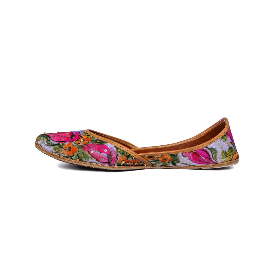 Tulip Garden Raw Silk Women Juttis | Hand Painted & Embroidered | Festive Apt