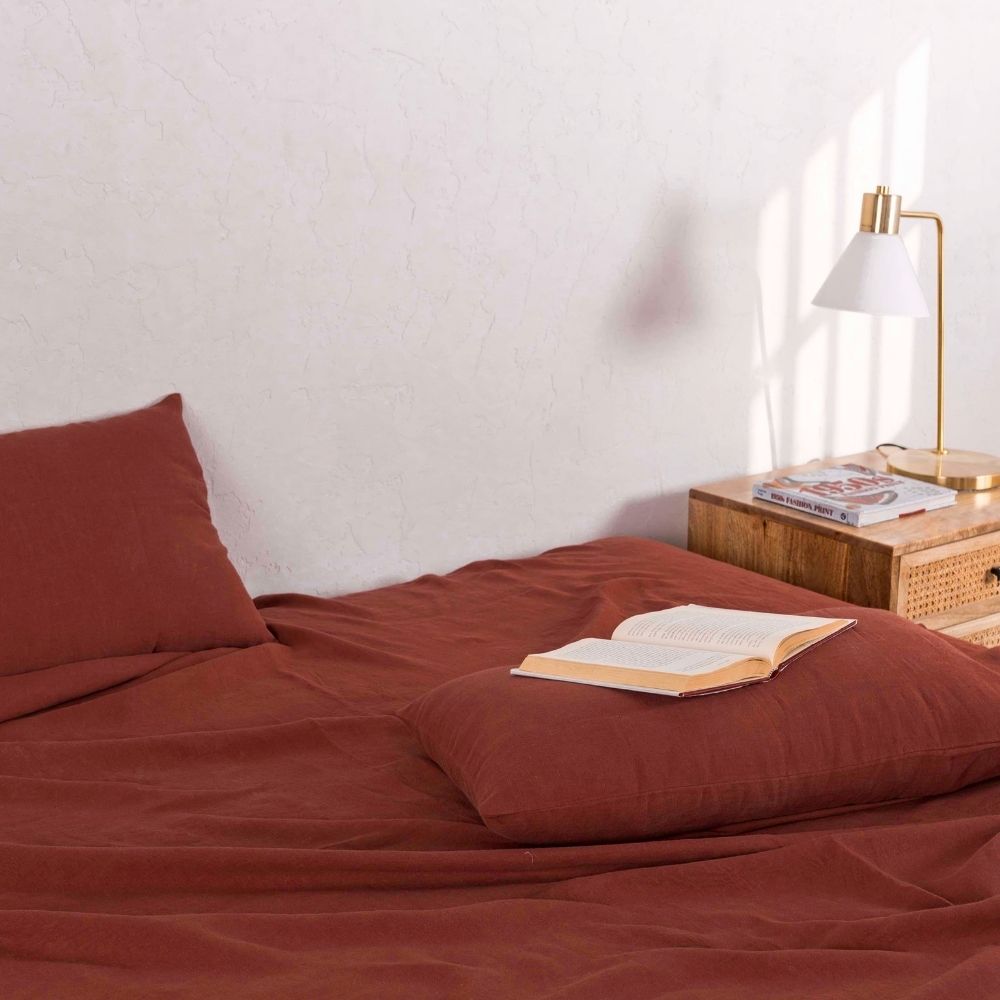 Mud Brown Linen Bed Sheet and Pillowcase Set | Earthy Ambience for Bedroom