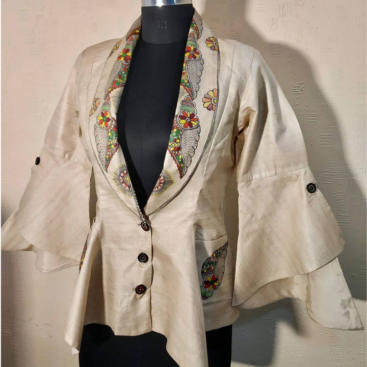 Belizzi Desi Tussar Silk Jacket | Madhubani Hand-Painted | Conch On Beige