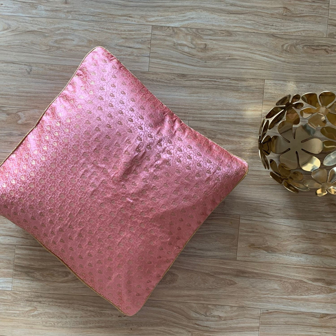 Pink Banarasi Silk Cushion Cover | Embellished With Zari | 16" x 16"