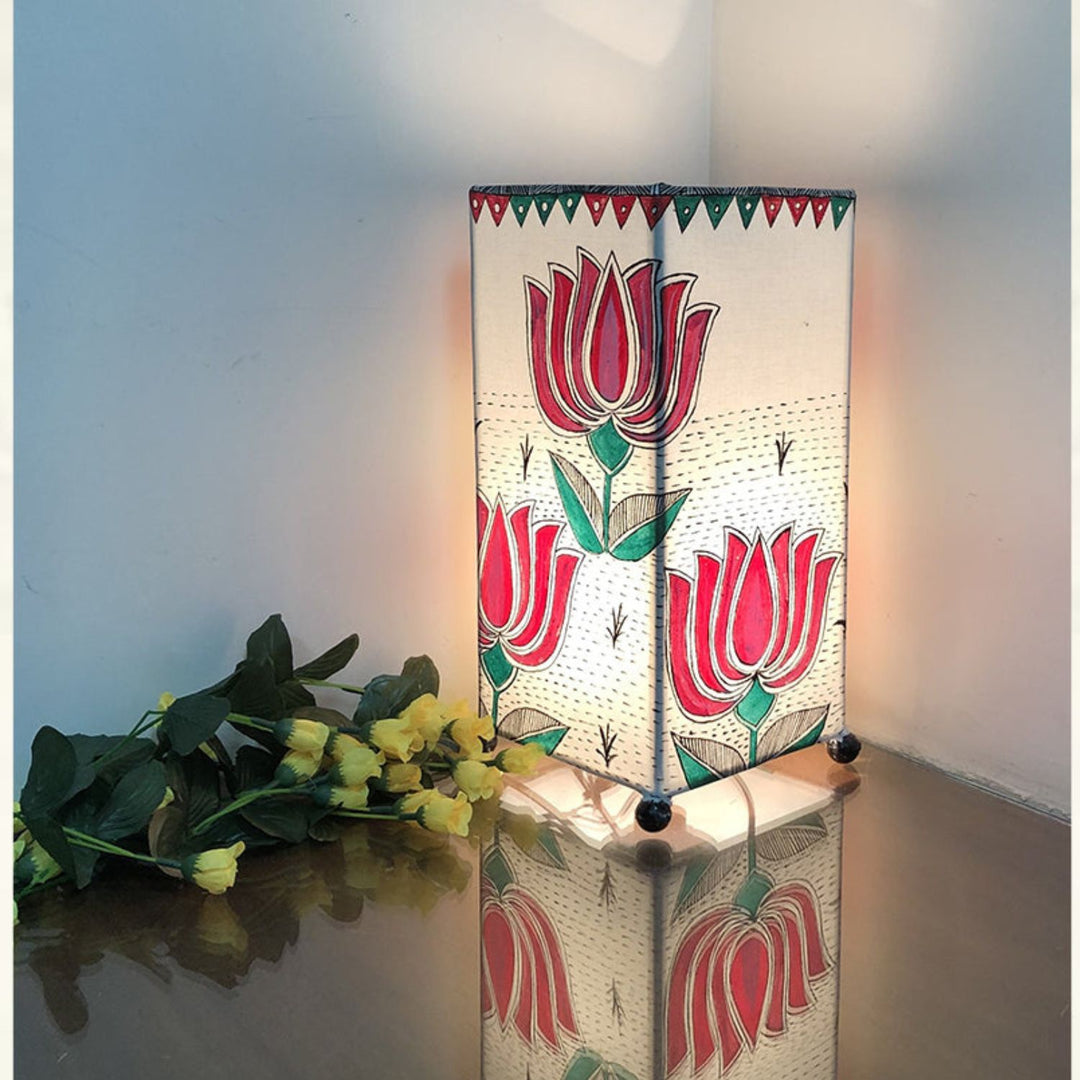 Madhubani Lotus Hand-Painted Rectangular Table Lamp | 12 X 6 Inch