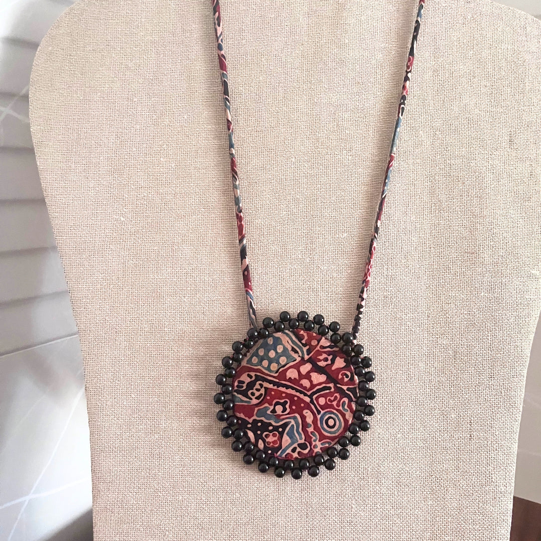 Ajrakh Circular Necklace | Embellished With Black Moti | Artistic | Maroon & Black