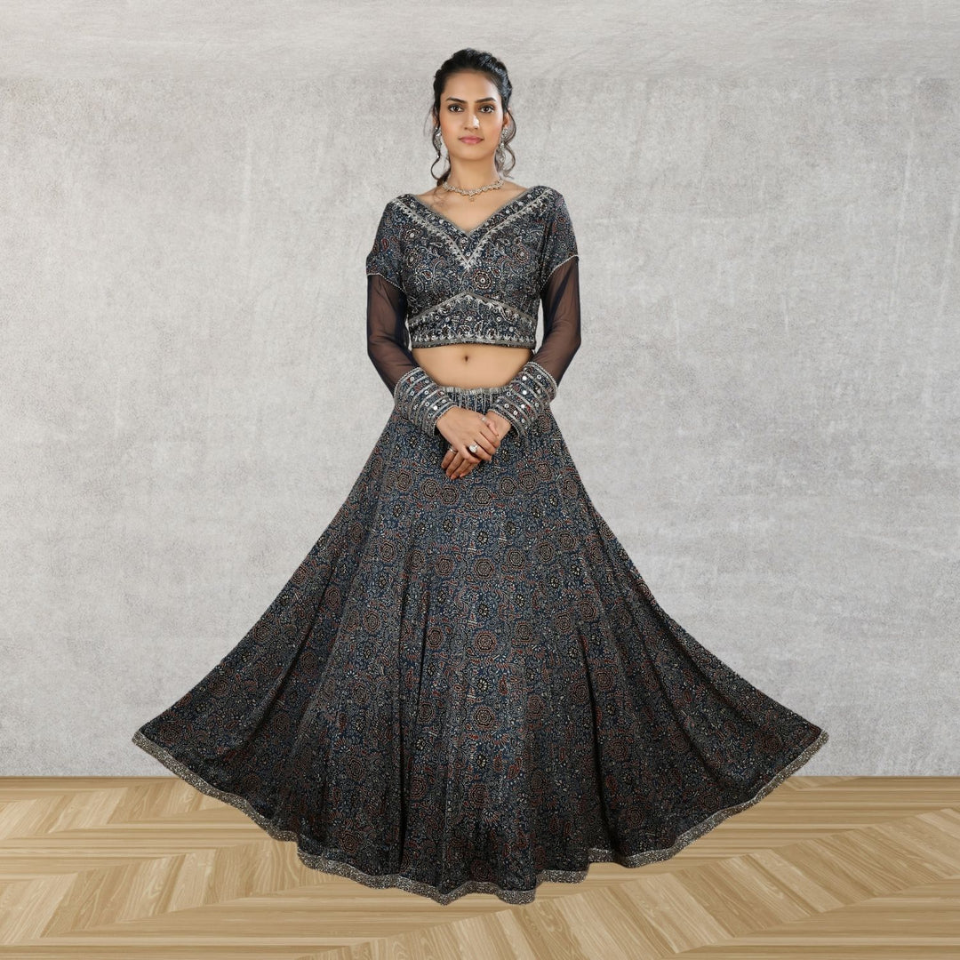 Deetya Ajrakh Lehenga Set With Ruffled Dupatta | Embroidered | Indigo Blue | Weddings