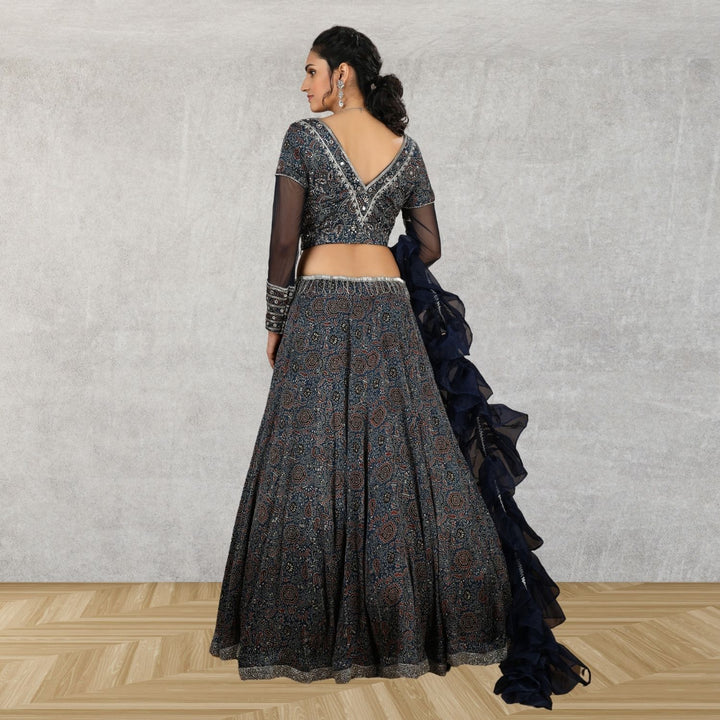 Deetya Ajrakh Lehenga Set With Ruffled Dupatta | Embroidered | Indigo Blue | Weddings