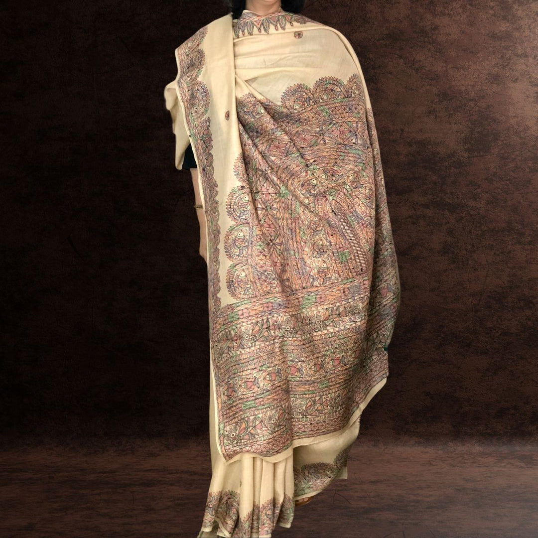 Multi-Coloured Madhubani Hand Painted Ivory Tussar Munga Silk Handloom Saree | Festive and Formal Wear 