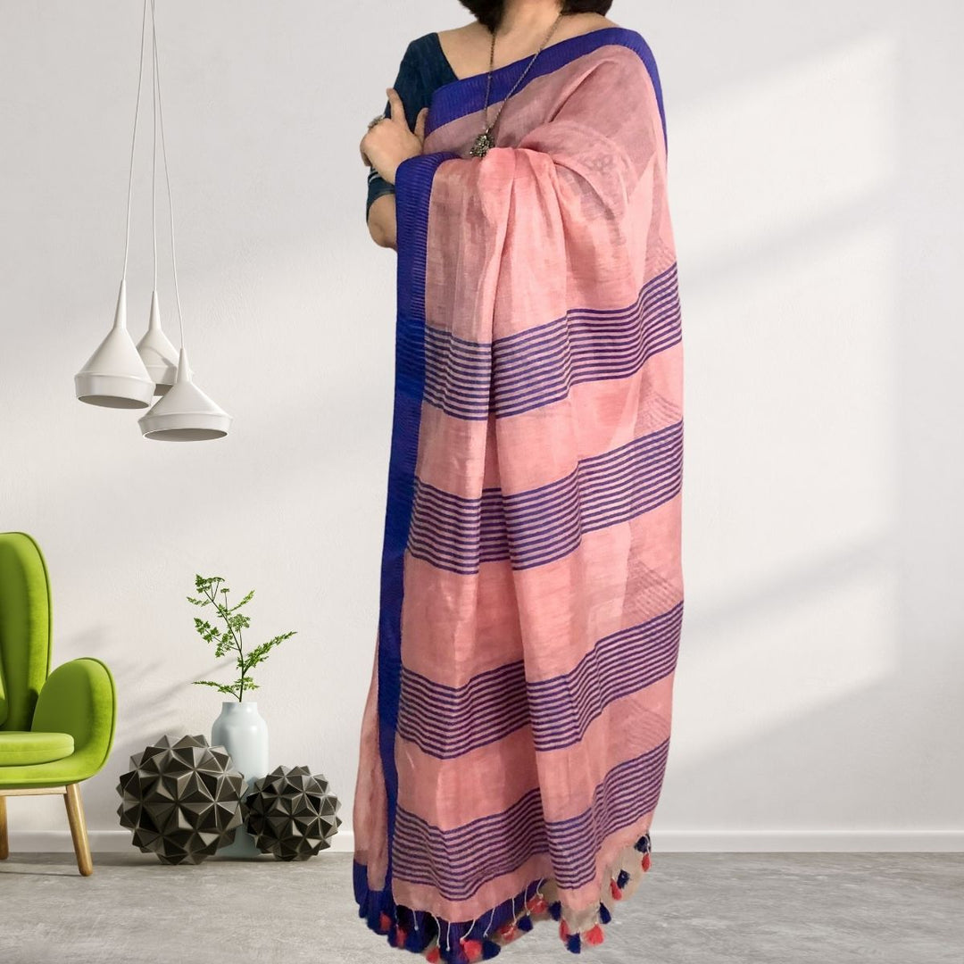 Pink Blue Tissue Linen Festive Saree | Subtly Bright | Contrast | Elegant Drape