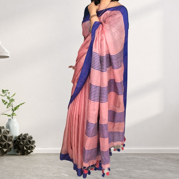 Pink Blue Tissue Linen Festive Saree | Subtly Bright | Contrast | Elegant Drape