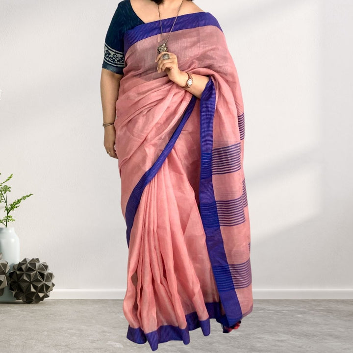 Pink Blue Tissue Linen Festive Saree | Subtly Bright | Contrast | Elegant Drape