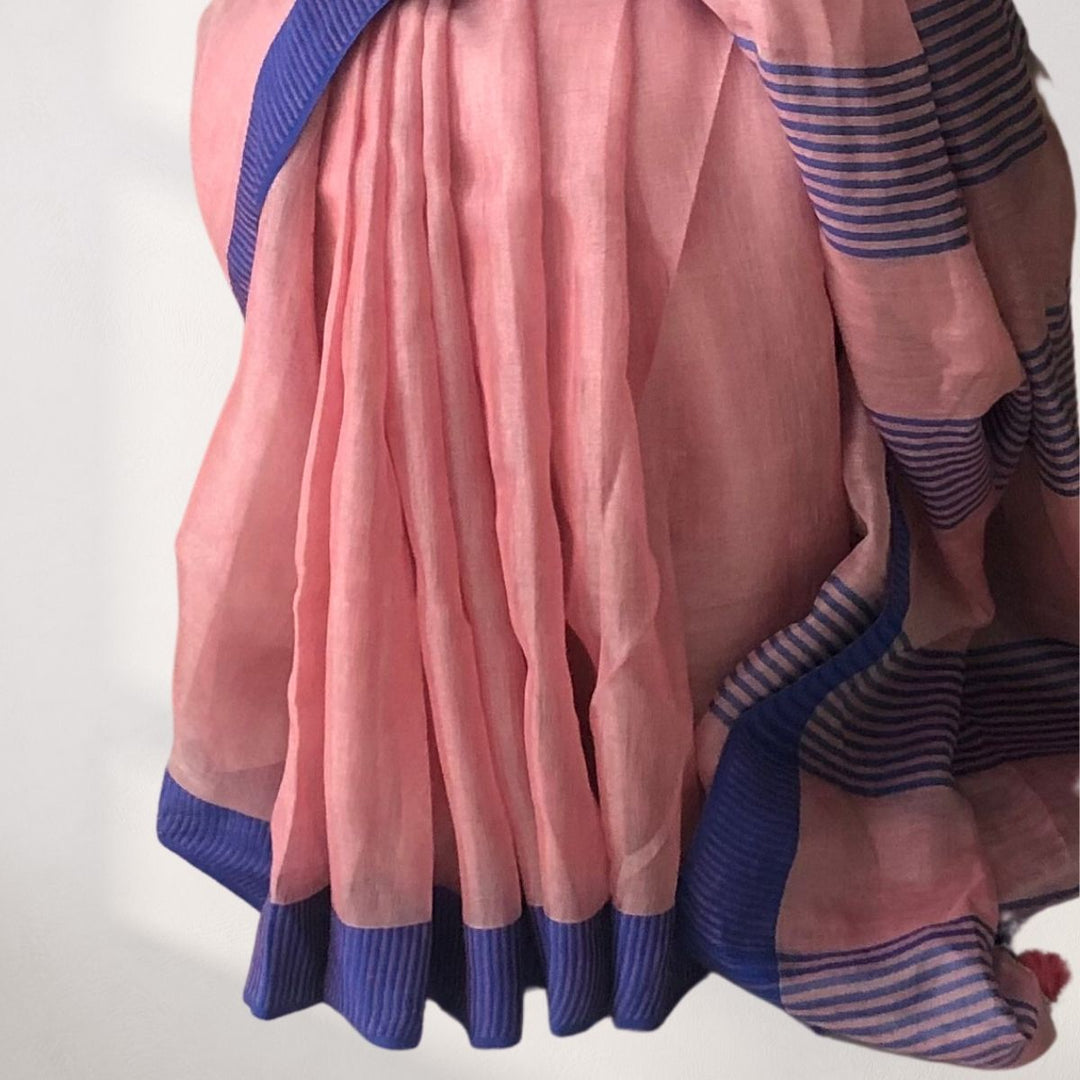 Pink Blue Tissue Linen Festive Saree | Subtly Bright | Contrast | Elegant Drape