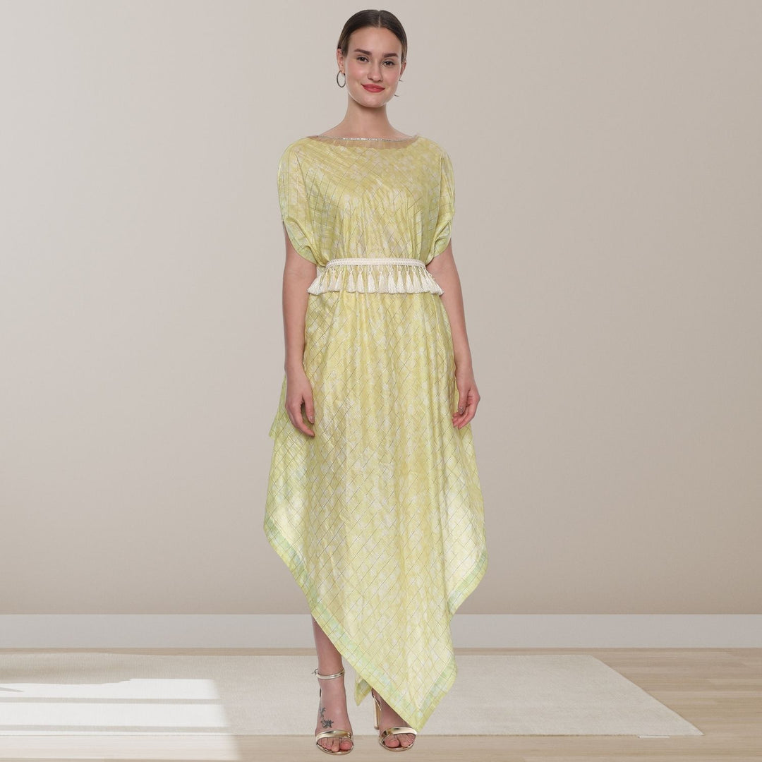 Solstice Drape Dress | Chanderi Silk | Comfortable & Smart | Pastel Yellow