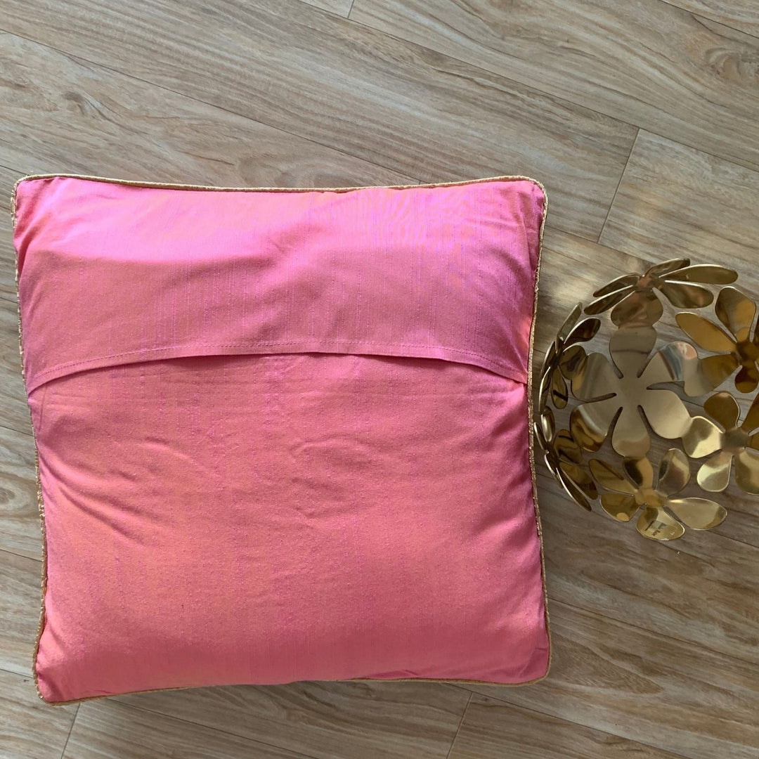 Pink Banarasi Silk Cushion Cover | Embellished With Zari | 16" x 16"