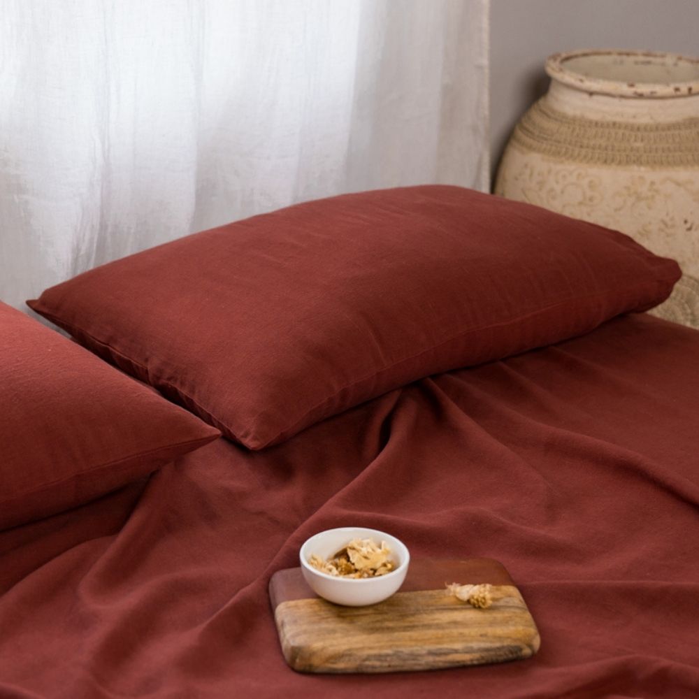 Mud Brown Linen Bed Sheet and Pillowcase Set | Earthy Ambience for Bedroom