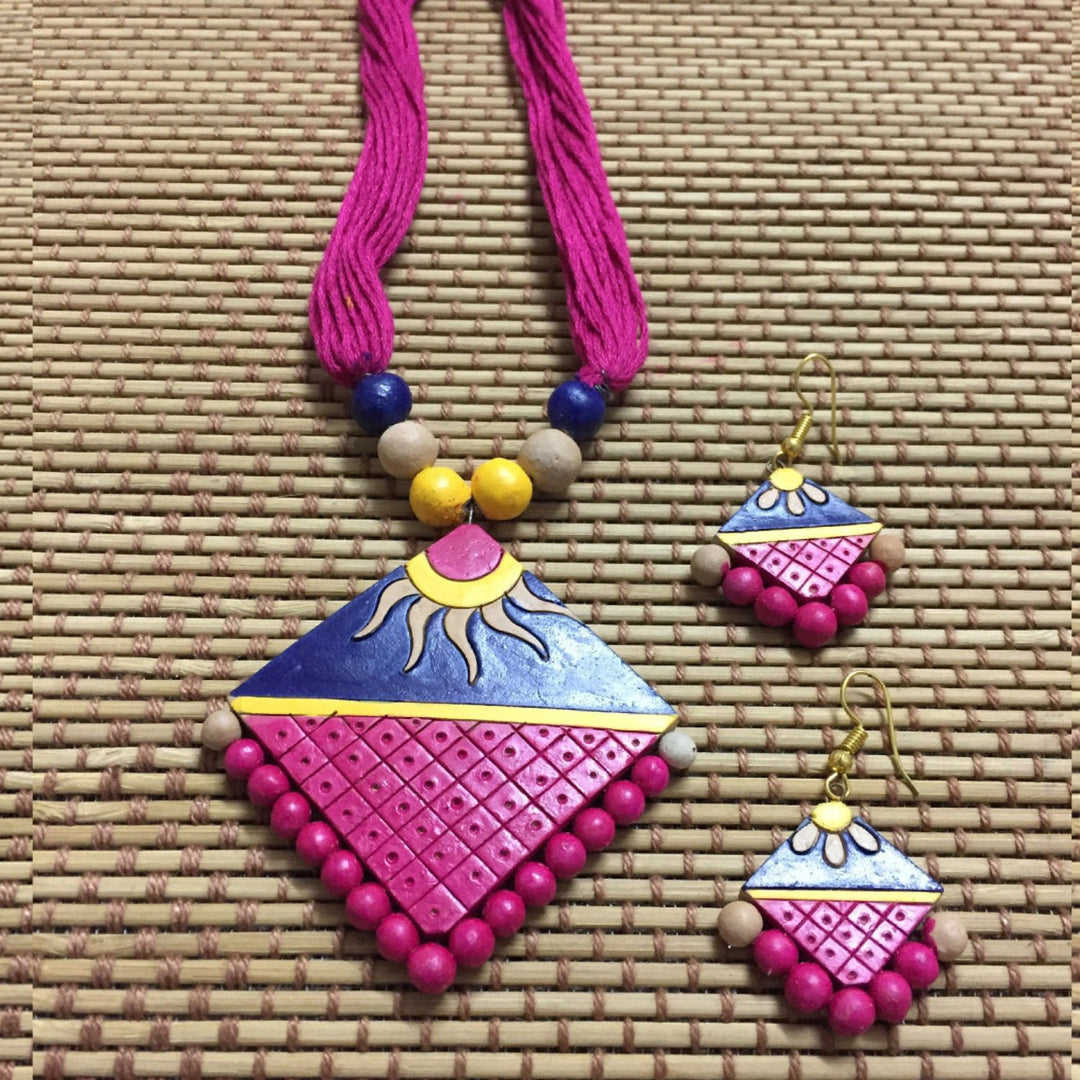 Square Sun Pendant Neckpiece Set  | Terracotta Jewelry | Magenta And Fuschia