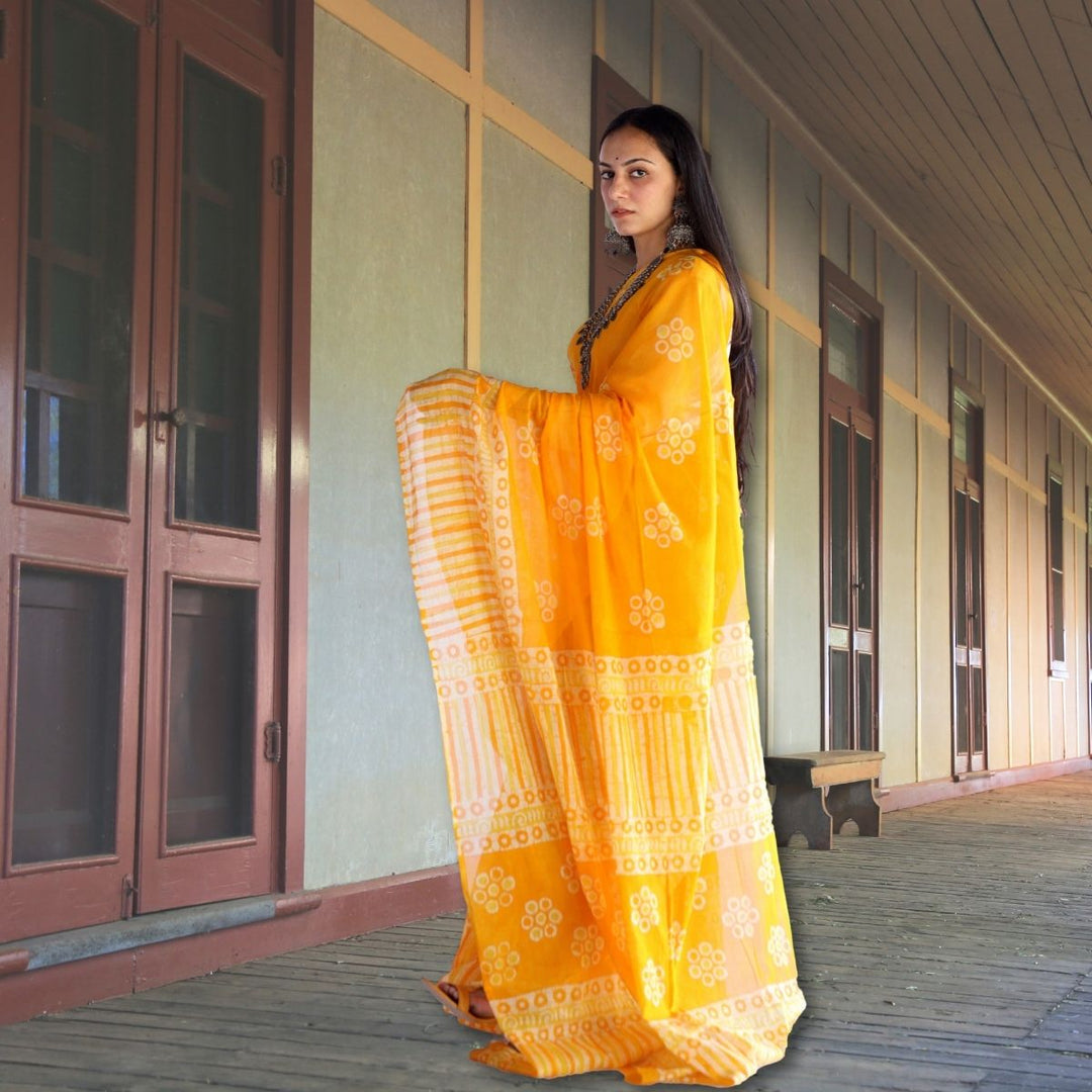 Orange Batik Printed Hand Spun & Hand Woven Muslin Saree | Artisanal