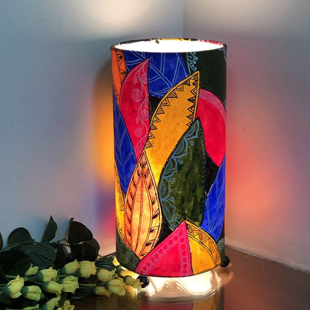 Abstract Leaves Cylindrical Table Lamp  | Hand-Painted | 12 X 6 Inch