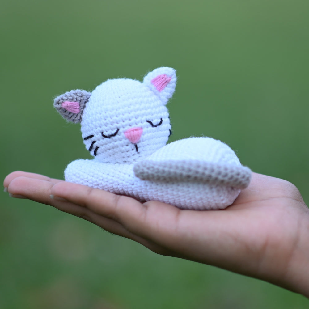 Cute Kitty Soft Toy for Babies | Hand Made of Crochet | Kids Safe | White & Grey