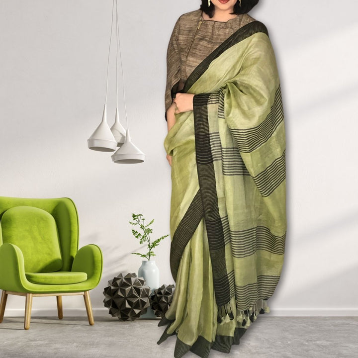 Mehendi Green Tissue Linen Saree With Black Stripe Border | Smart And Punchy