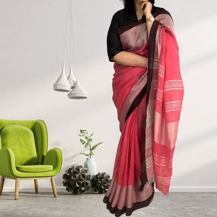 Plum, Pink and Silver Linen Saree With Silver Zari & Tassel | Festive And Formal