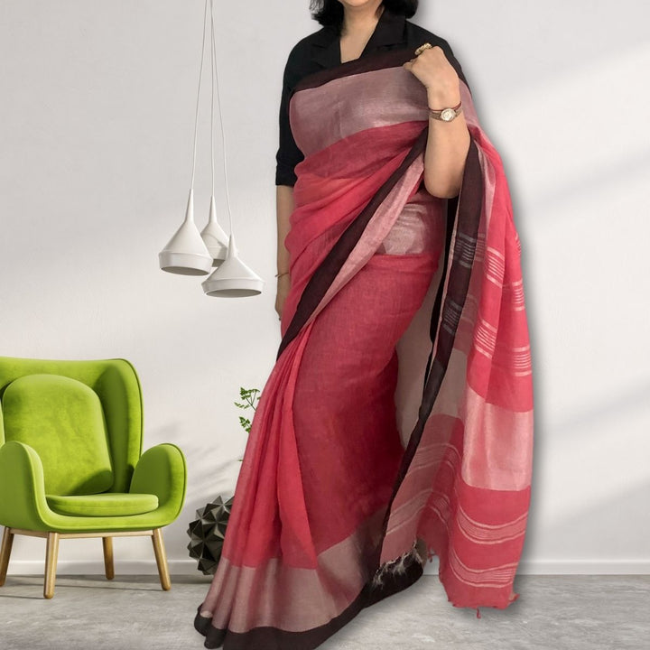 Plum, Pink and Silver Linen Saree With Silver Zari & Tassel | Festive And Formal