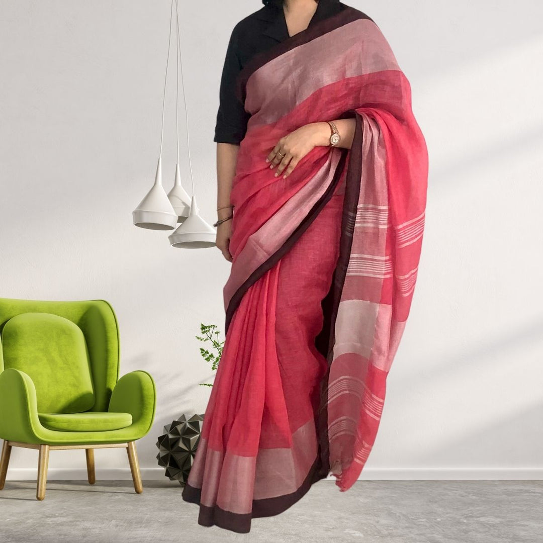 Plum, Pink and Silver Linen Saree With Silver Zari & Tassel | Festive And Formal Wear