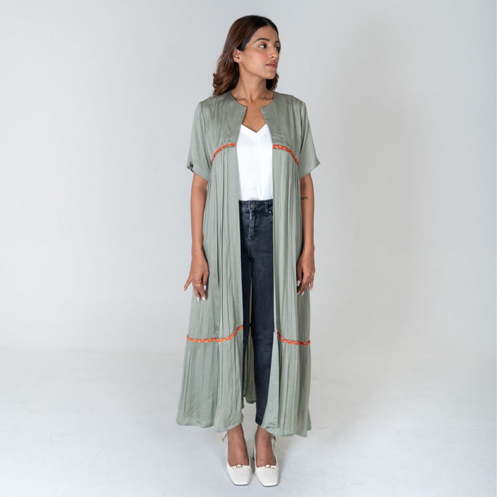 Green-Orange Braided Gather Long Cape | Modal Hand-Crafted | Minimalistic