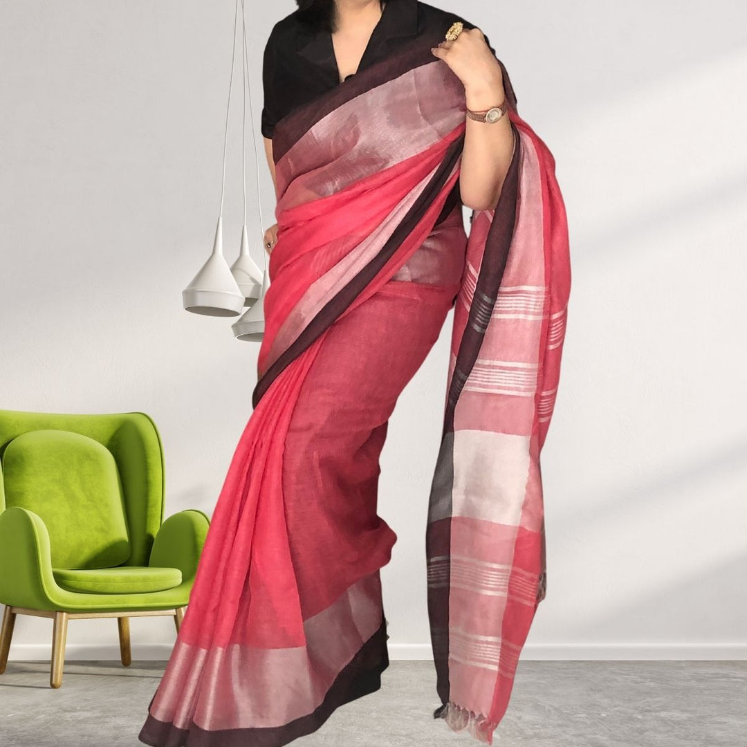 Plum, Pink and Silver Linen Saree With Silver Zari & Tassel | Festive And Formal Wear