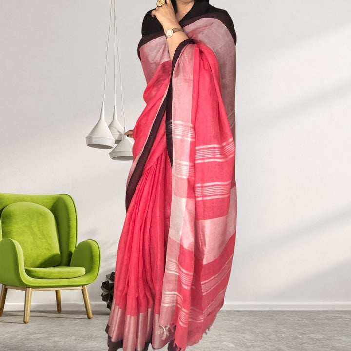 Plum, Pink and Silver Linen Saree With Silver Zari & Tassel | Festive And Formal Wear