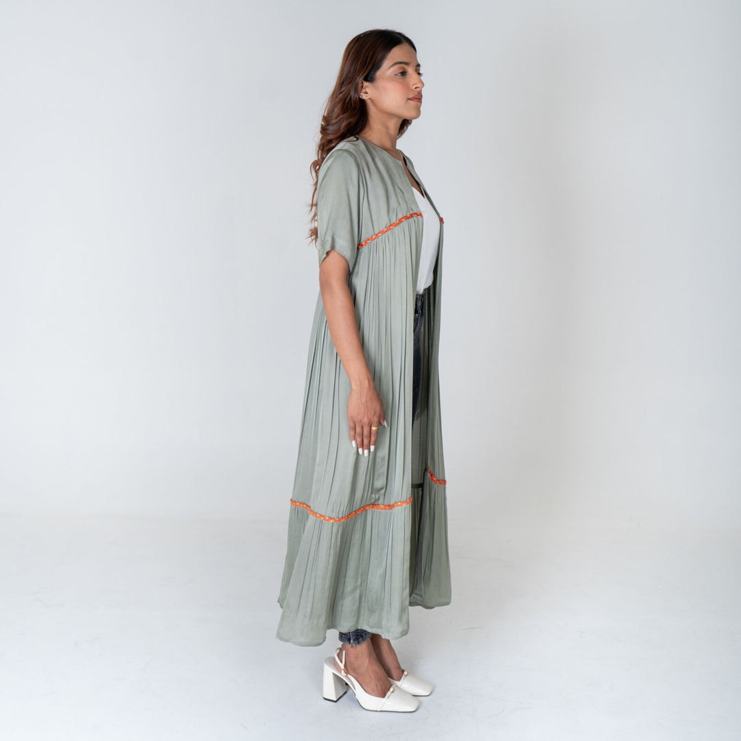 Green-Orange Braided Gather Long Cape | Modal Hand-Crafted | Minimalistic