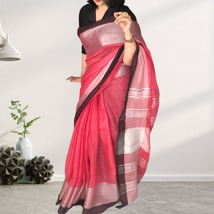 Plum, Pink and Silver Linen Saree With Silver Zari & Tassel | Festive And Formal Wear