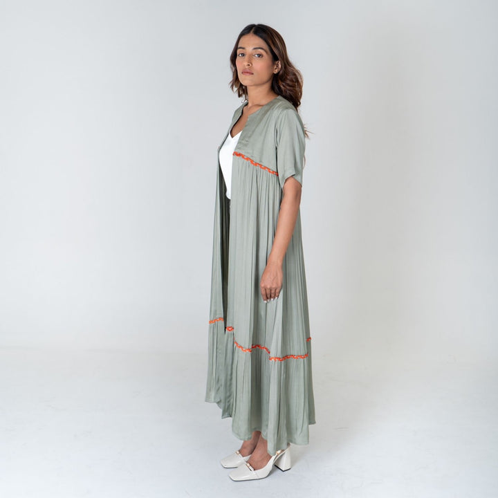 Green-Orange Braided Gather Long Cape | Modal Hand-Crafted | Minimalistic