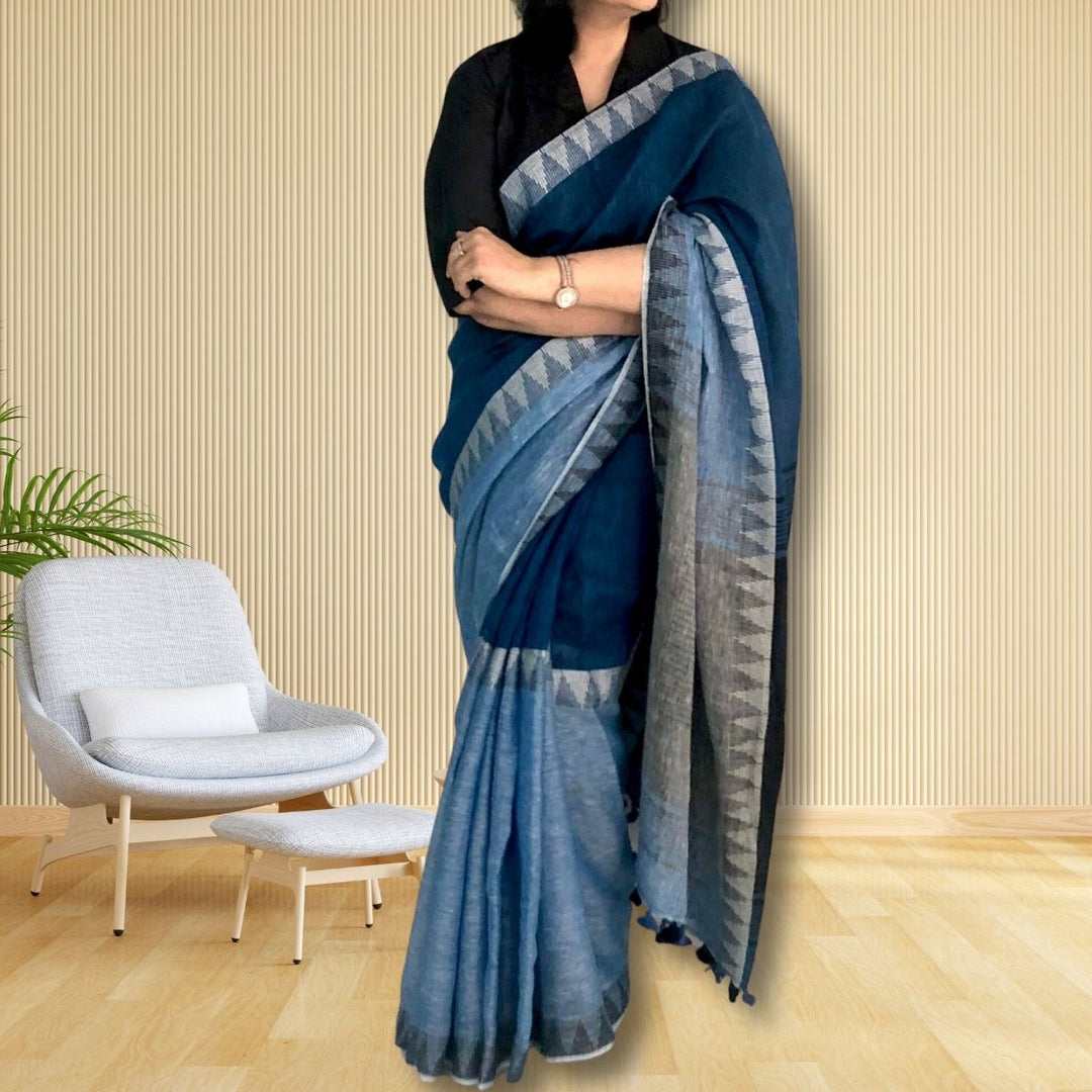 Marine Blue, Powder Blue And Black Linen Saree | Jamdani Weave of Triangles | Colour Block Designer Saree 