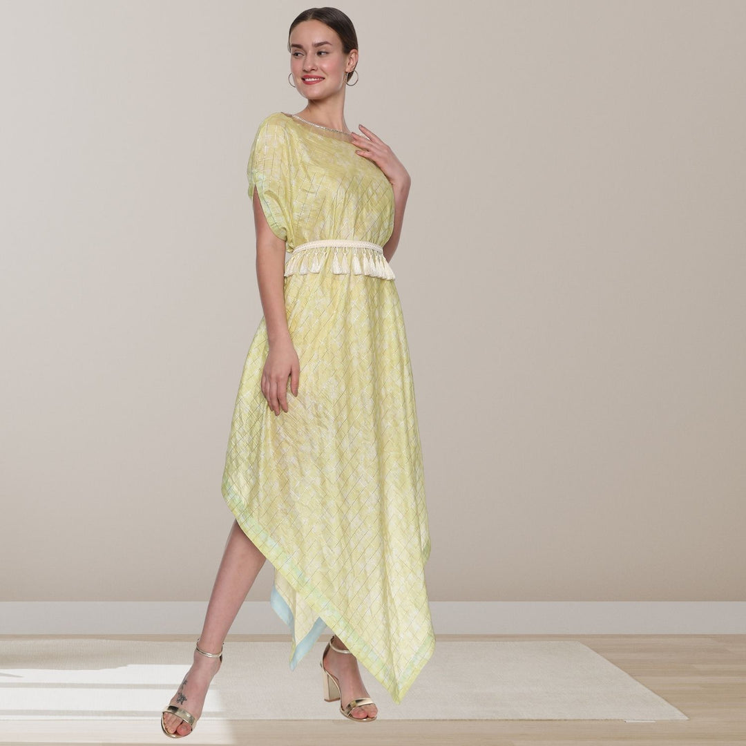 Solstice Drape Dress | Chanderi Silk | Comfortable & Smart | Pastel Yellow